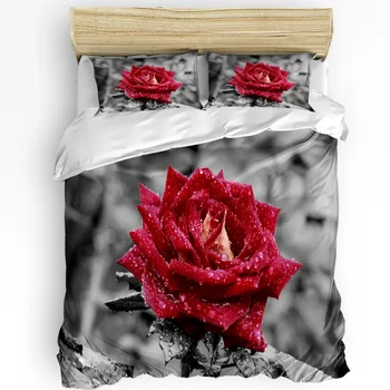 Червена роза цвете водна капка листа сиво растение легла комплект 3бр пухени покритие калъфка юрган покритие двойно легло комплект домашен текстил 1