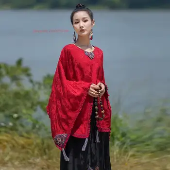 2024 китайски национален вятър сатен жакард палто жените реколта tang костюм традиционно цвете бродирани о-образно деколте batwing жилетка 1