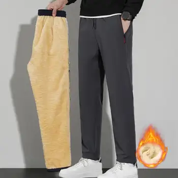 Зимни агнешка вълна топли ежедневни памучни панталони мъжки фитнес джогинг панталони мъжки твърди шнур дъна руно прав панталон 1