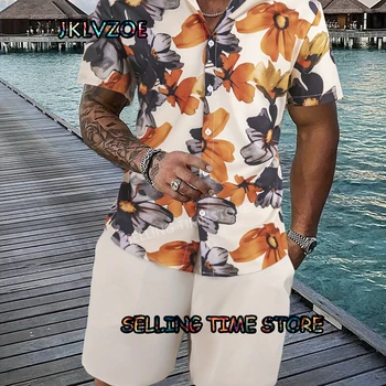 Summer цветен модел мъжки 2 комплекта, случайни ревера бутон нагоре къс ръкав риза & шнур шорти комплект, мъжки евтини почивка кърпа 1