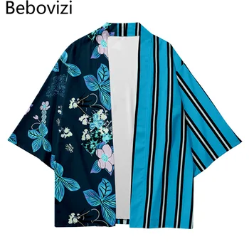 Японски комплекти мода кимоно мъже жени жилетка Haori Obi плюс размер XS-6XL син райе плаж Harajuku азиатски дрехи панталон костюм 1