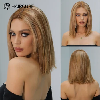 Brown Highlight Blonde Bob Human Hair Wigs Middle Parting 13x1 Lace Frontal Wigs for Women Straight Bob Remy Human Hair Wig 1