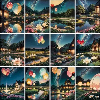 CHENISTORY Снимки по номер Комплекти за нощен пейзаж в провинцията Начало декор Живопис по номера Балон рисунка върху платно изкуство подарък