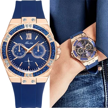 Топ луксозни дамски часовници силиконови корейски издание универсален диамант вграждане мода три очи кварц дамски часовник 1