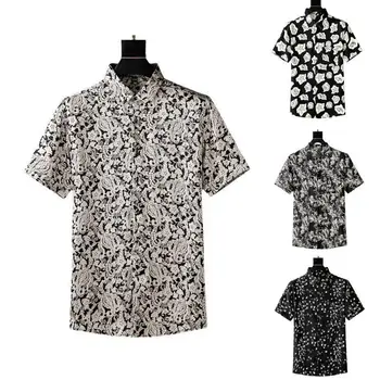 2023 Летни луксозни мъжки къси ръкави висококачествени ризи за мъже Обърнете модата Ежедневни черни печатни върхове Облекло 1