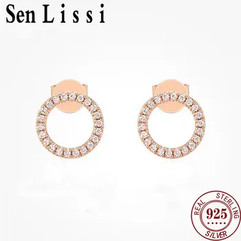 Senlissi-Sterling сребърни обеци прост стил пенливи кръгли обеци за жени 18K злато 5A циркон фини бижута подарък L02A 1