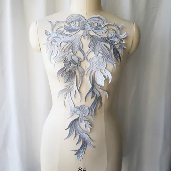 Голяма бродерия бароков сребърен цвете апликация плат яка шият желязо кръпка сватба булчинска рокля рокля DIY дрехи декор занаяти