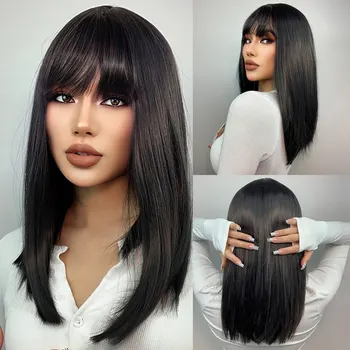 Средна дължина Черни синтетични перуки за жени Къси прави черни перуки за коса с бретон Daily Cosplay топлоустойчива перука от влакна 1