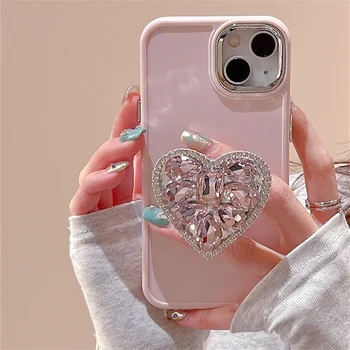 Сладък розов Diamand любов стойка телефон случай подходящ за iPhone 15, 14, 12, 13, 11 Pro Max лесна стойка мек силиконов капак 1