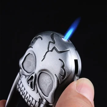 Безплатна доставка 3D череп форма запалка ветроупорен прав флъш бутан газ надуваема запалка ключодържател висулка мъже подарък 1