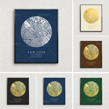 Сан Хосе карта печат кръгова карта на града стена изкуство плакат най-голям инч домашен офис декорация подарък САЩ плакат 1