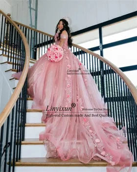 Светло розова бална рокля Quinceanera рокля 3D цветя сладък 16 рокля принцеса рожден ден парти рокля от рамото vestidos de 15 anos 1