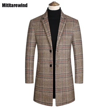 Зимно средно дълго палто за мъже Commuter Smart Casual вълнени палта 30% вълнени смеси палто Slim Thicken Еднореден кариран палто 1