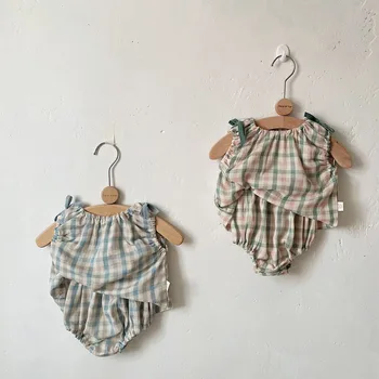 LILIGIRL Летни бебешки дрехи комплект карирана тениска и Bloomer Girls Clothing Set 2023 1