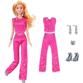 NK 1 комплект кукла розов комплект сценични изпълнения: отгоре + звездни панталони + благородни обеци + гривни + високи токчета за кукла Барби Къща за играчки 1