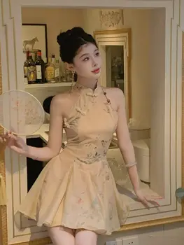 Китайска традиционна рокля Hang Neck Dress Qipao Women 2023 Летен ретро печат колаж Chi-pao Cheongsam елегантна сладка рокля 1