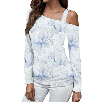 Дамски върхове Случайни свободна мода цвете печат тема дълъг ръкав върховете 2023 Есен Секси Off рамо пуловер риза Ropa De Mujer 1