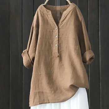 Плюс размер 5XL случайни хлабав памук бельо блуза риза жени дълъг ръкав извънгабаритни блуза реколта хлабав Blusas пролет лято 2023 1