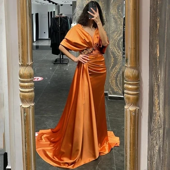 Оранжеви абитуриентски рокли V-образно деколте русалка вечерна рокля от рамото етаж дължина мъниста Арабия коктейл парти плюс S 1