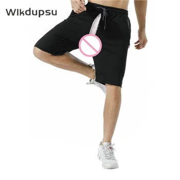 Мъже Тренировка за бързо сушене Секси невидими двойни ципове Отворени панталони за чатала Шорти Фитнес Спорт Джопинг шорти Мъжки панталони 1