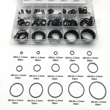  225pcs / кутия гумени O пръстен дебелина 1.5mm асортимент черен О-пръстен уплътнение комплект автомобилни ремонт ВиК и кранче Air Seal уплътнения 1