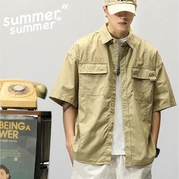 Лято Японски товари къс ръкав риза Мъжки джобове бутон завой-надолу яка ризи мода случайни жилетка блузи върховете 1