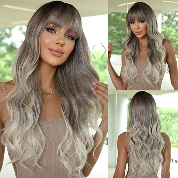 Craftourist Ombre Ash Brown Blonde Synthetic Wigs with Bangs Long Natural Wave Wigs for Women Cosplay Daily Party Heat Resistant 1