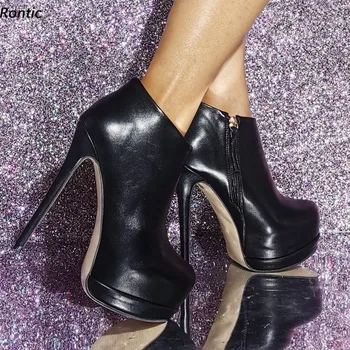 Rontic жени зимни шик платформа глезена ботуши изкуствена кожа шило токчета кръг пръсти елегантен черни парти обувки САЩ размер 5-20 1