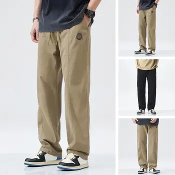 Плътен цвят ежедневни панталони ретро стил мъжки широки крака товарни панталони с ластик джобове за удобна топла пълна дължина 1