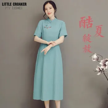 Подобрена рокля Cheongsam за жени 2023 Бродерия памук бельо средна дължина хлабав тънък артистичен и ретро Chinoiserie стил 1