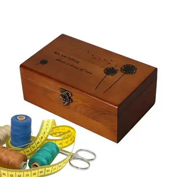 Дървена шевна кутия Организатор Дървена кутия за съхранение на резби с държач за шевни игли и аксесоари за занаяти 