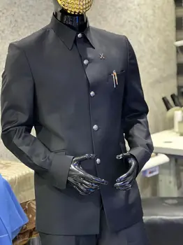 Black Blazer Мъжки костюм комплекти Еднореден тънък годни сватба 2 броя пълен луксозен бизнес официално облекло елегантни абитуриентски рокли 1