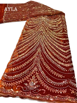 Висококачествена кадифена дантелена тъкан 2023 Дантела с мъниста бродерия за рокля Шиене, Royal Blue нигерийски пайети тъкани в продажба 1