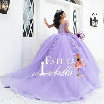 Люляк илюзия мъниста пискюл Quinceanera рокли топка рокля от рамото 3D цветя апликации корсет vestidos de 15 años 2