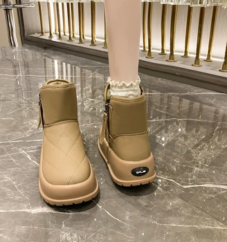 Zipper зимни ботуши с кожени обувки кръгли пръсти сабо платформа ботуши-жени плосък ток плюшени дами Лолита 2023 глезена елегантен мед 2
