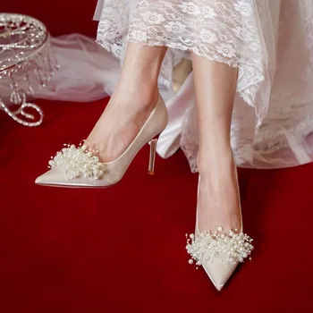 Нов френски стил булка шаферка обувки бяла перла шило петата високи токчета сватбени обувки за жени Zapatillas Mujer 2