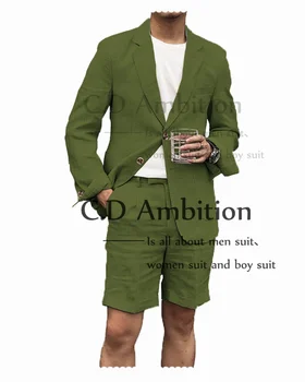 2023 Летен тъмносин ленен костюм за мъже Плажна сватба с къси панталони 2 части по поръчка Casual Best Man Terno Slim Fit Masculino 2