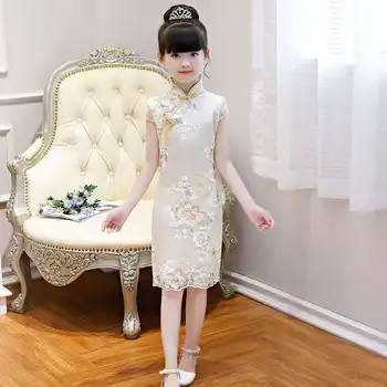 Girls' Qipao рокля Лятна детска нова принцеса Guzheng изпълнение Древен ханфу дантела ръкави стоящи яка ключалката рокля 2
