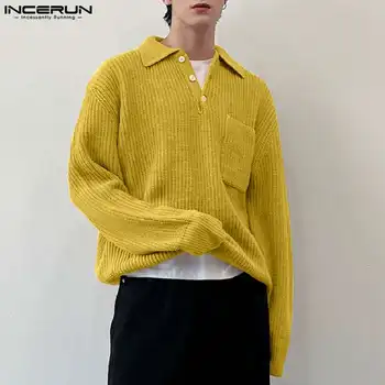 2023 Мъжки пуловер плътен цвят ревера дълъг ръкав улично облекло есен мъжки пуловери трикотажни корейски ежедневни мъжки дрехи S-5XL INCERUN 2