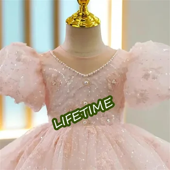 Прекрасен розов мъниста лък отвесни врата момиче принцеса топка рокля Първо причастие Абитуриентски костюми Рокля Цвете 2023 2
