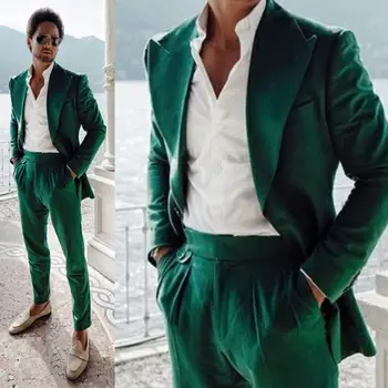 Green кадифе мъжки костюм облекло еднореден тънък монтаж две части отгоре + панталони по избор размер и цвят 2