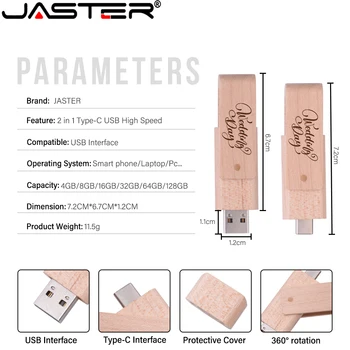JASTER USB флаш устройство TYPE-C 2 в 1 Memory Stick 2.0 дървен / бамбуков Pendrive 4GB 8GB 16GB 32GB 64GB 128GB безплатен лого сватбен подарък 2