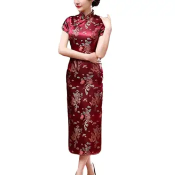 Традиционна китайска рокля китайски национален стил флорална бродерия Cheongsam елегантна стойка яка рокля със страна за лятото 2