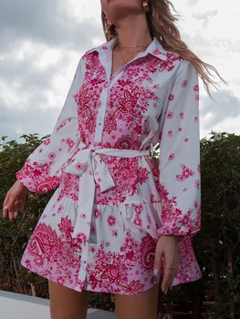 Khalee Yose реколта Boho флорални мини рокля есента случайни жени рокли дълъг ръкав празник колан зелен розов шик дами рокля 2