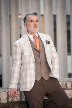 Костюм Homme Мъжки костюм 3 броя кариран блейзър кафяв жилетка панталони еднореден смокинг моден бизнес модерен сватбен младоженец 2