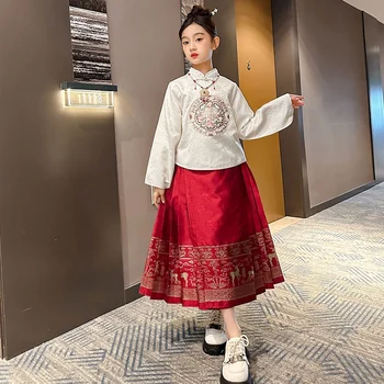 2023 Момичета конска пола бродерия печатни изпълнение рокля комплект китайски стил есен и зима дълъг ръкав Tang рокля Hanfu 2