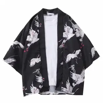 Палто мъже риза случайни летящ кран фронт отворен 3/4 ръкав кимоно жилетка юката риза 2