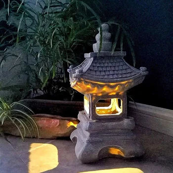 Смола слънчева павилион скулптура лампа ретро плавателни съдове водоустойчива пагода LED слънчева светлина микро пейзаж декор за външна градина 2