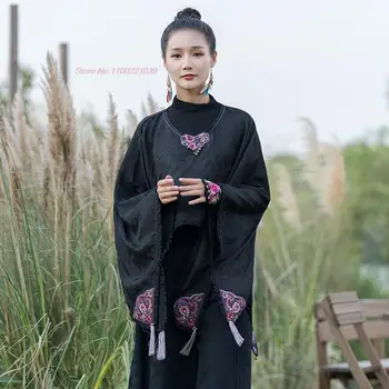 2024 китайски национален вятър сатен жакард палто жените реколта tang костюм традиционно цвете бродирани о-образно деколте batwing жилетка 2