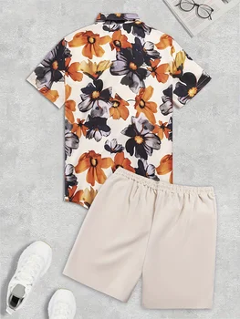 Summer цветен модел мъжки 2 комплекта, случайни ревера бутон нагоре къс ръкав риза & шнур шорти комплект, мъжки евтини почивка кърпа 2
